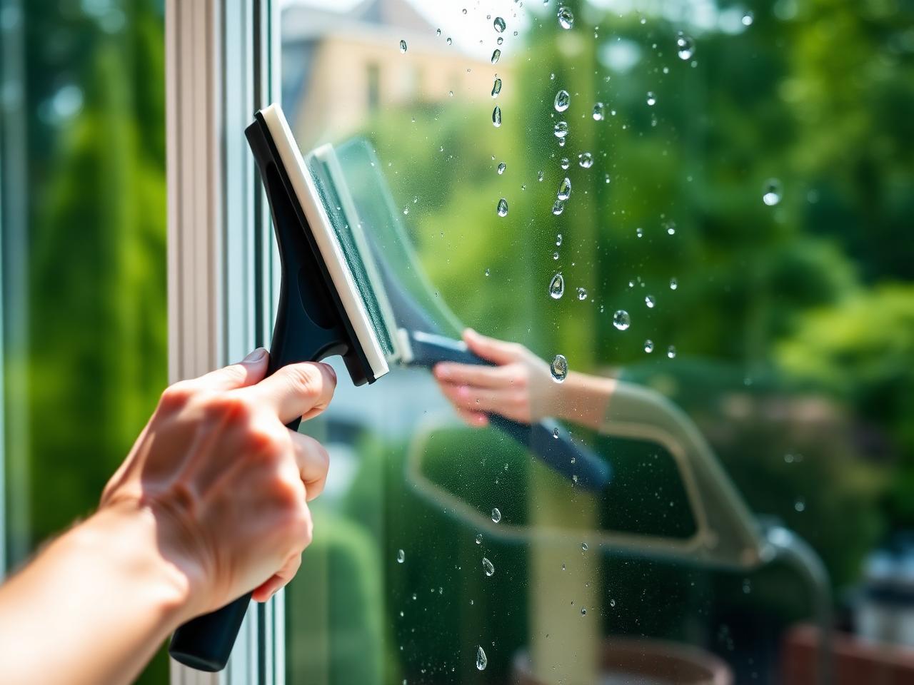 Professional window cleaning with squeegee